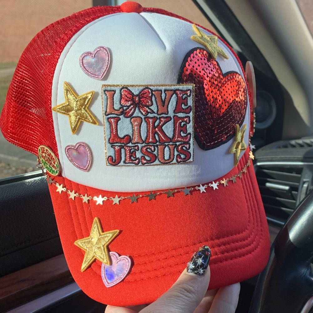 Hand Crafted Red and White 'Love Like Jesus' Cap